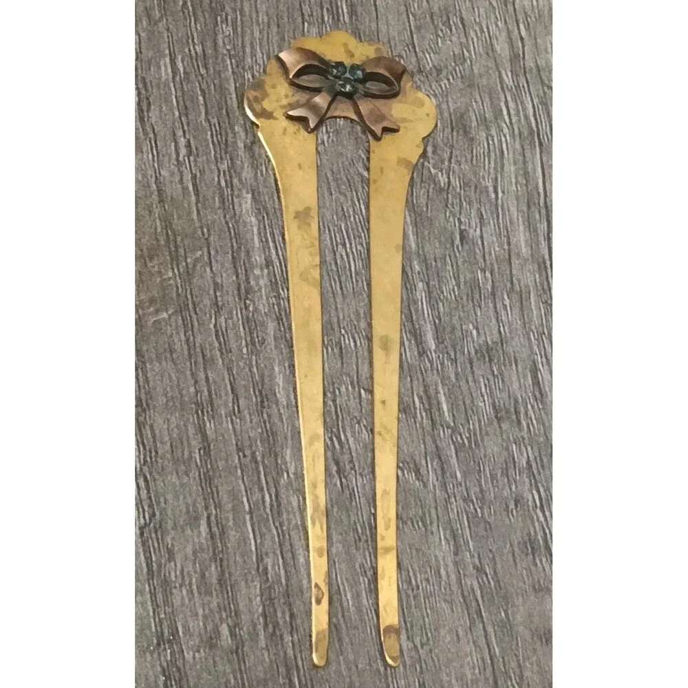 Antique Victorian Brass Bow Black Rhinestone Accent Hair Fork Pin